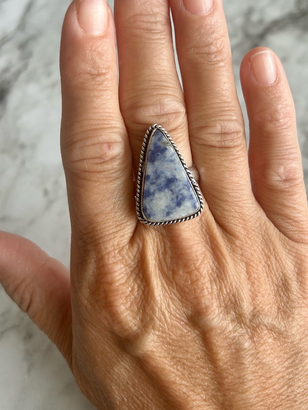 Handmade Sterling Silver unknown stone possibly Sodalite triangle ring size 8.5